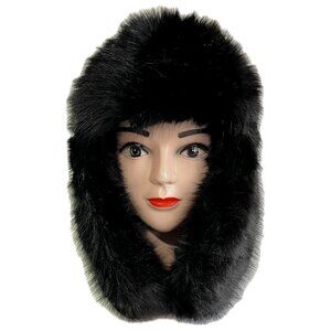 Women Winter Warm Fluffy Faux Fur Hat Earflap Russian Furry Trapper Hat - Black